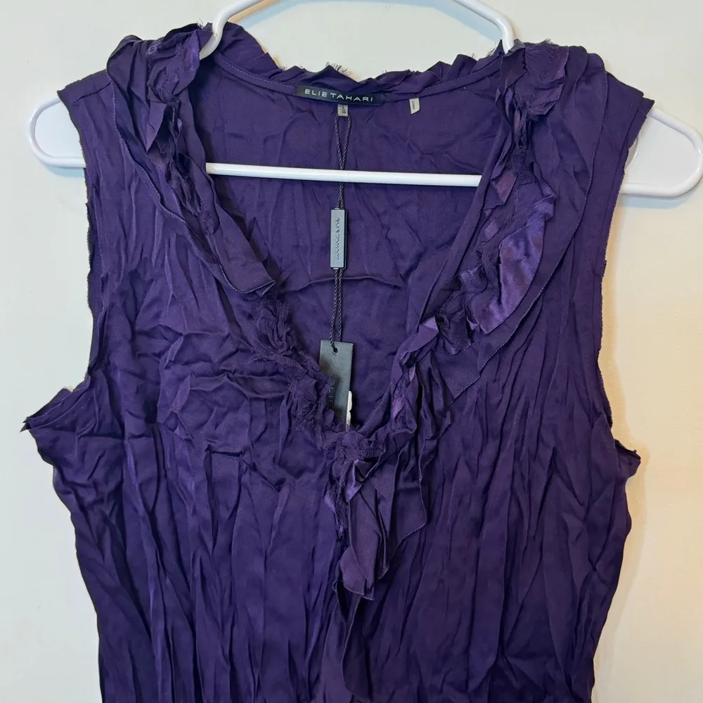 NEW Elie Tahari Silk Sleeveless Sonja Blouse Size Large Purple Ruffles NWT Top - Image 2