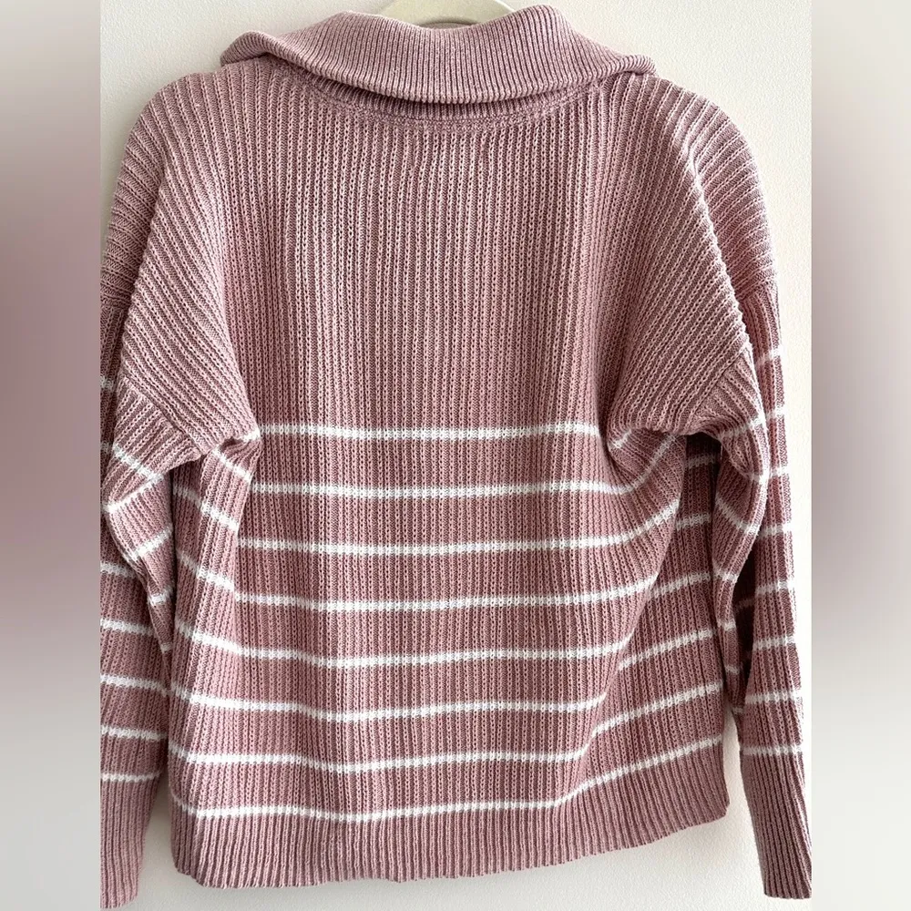 Rachel Zoe Light Pink and White Striped Ribbed Quarter-Zip Sweater, Size Small - Image 14