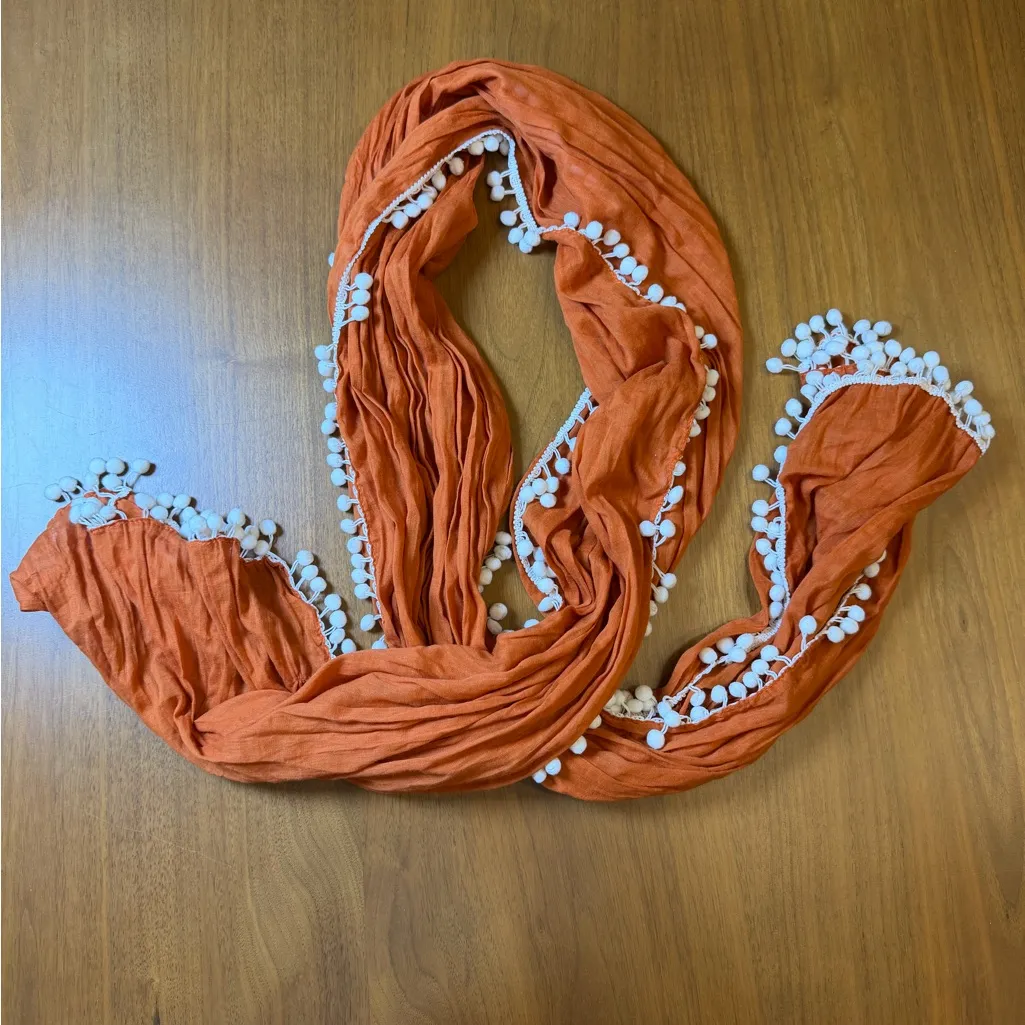 Burnt Orange Scarf Wrap with White Pom Pom Trim - Image 3