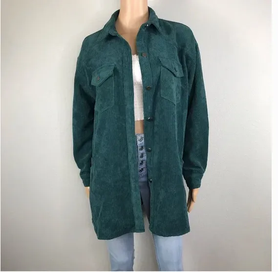 Pocketed button down corduroy shacket Green - Image 4