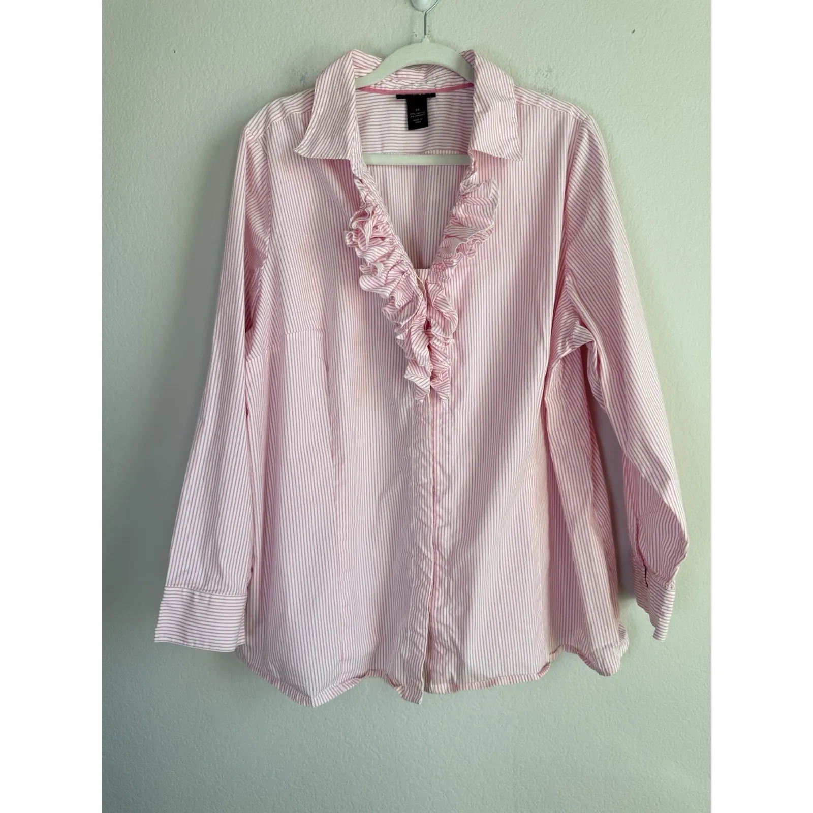 Lane Bryant Shirt Womens 24 Pink White Striped Ruffle Front Button Up Blouse Top - Image 3