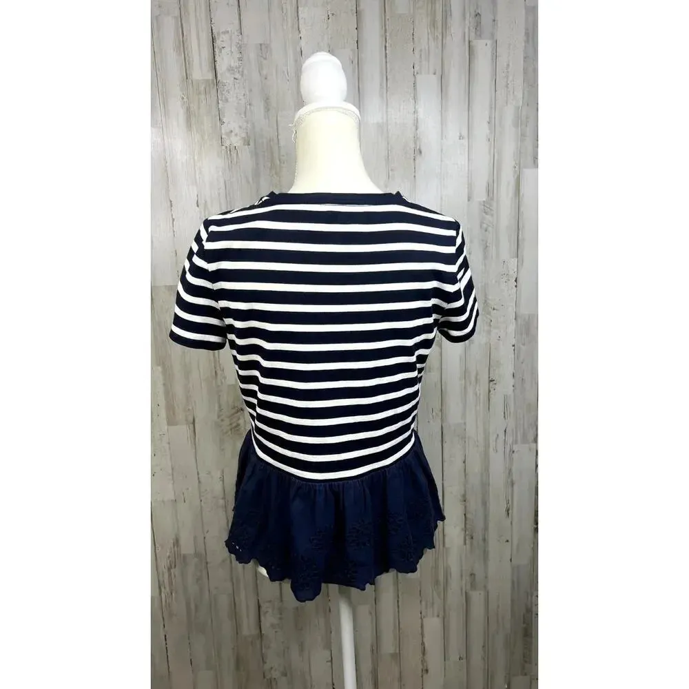 Kate Spade Women's Small Blue/White Striped Short Sleeve‎ Peplum Eyelet Blouse - Image 5