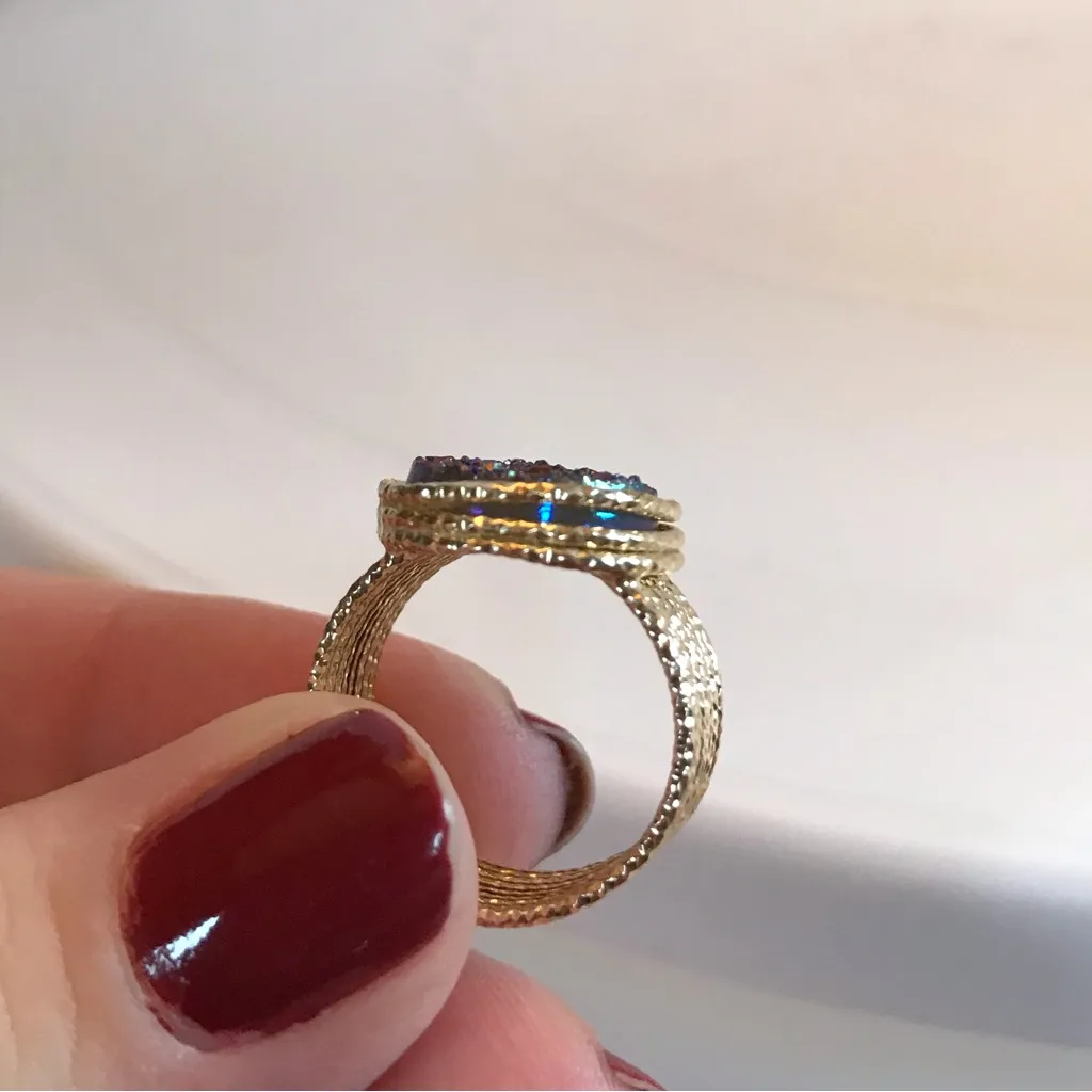 14K SOLID YELLOW GOLD WITH BLUE DRUZY QUARTZ STACKED WRAP STYLE RING (5.25) - Image 9
