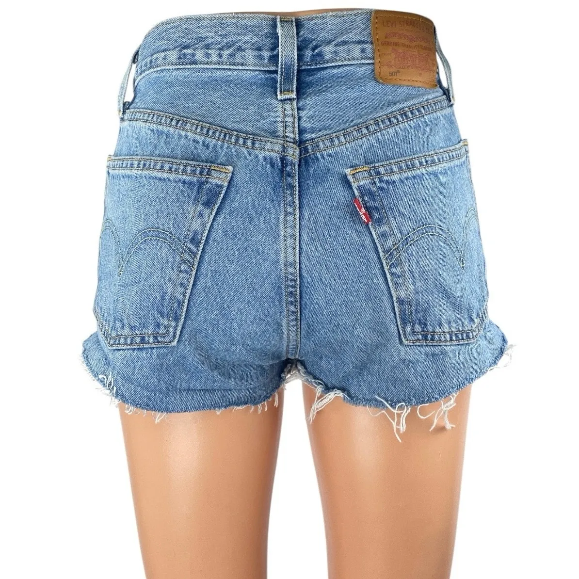 Levi's 501 Women's Blue High Waisted Raw Hem Cut Off Denim Jean Shorts Size 24 - Image 3