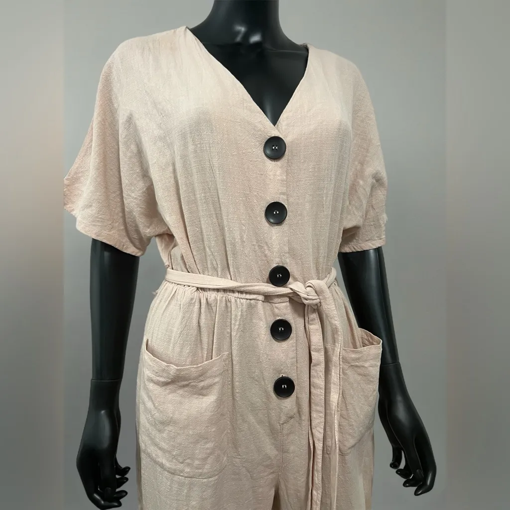 Merci Button Front Coverall Sz L 100% Cotton Elastic‎ Waist Minimalist Coral Orange Size L - Image 3