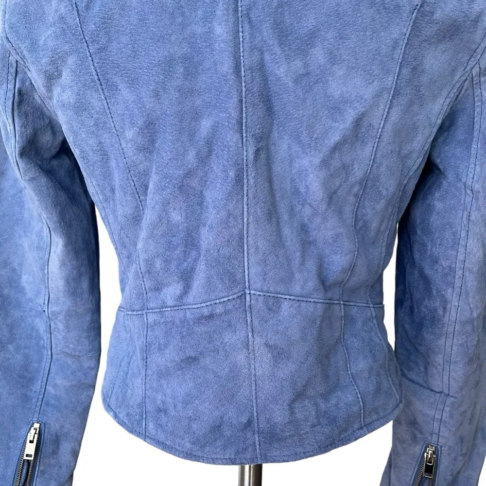 Mango Blue Pigskin Leather Suede Biker Jacket, Sz S - Image 11