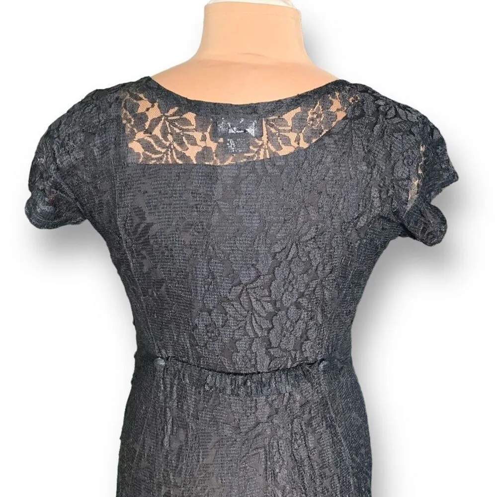 Vintage Nostalgia Dress Black Floral Lace Short Sleeve Scoop Neck Gothic Midi Size M - Image 5