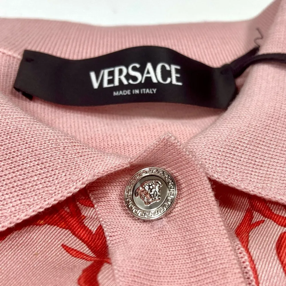 Versace Barocco Sea Silk Wool Knitted Polo Shirt Pink La Vacanza 2024 36 IT NWT - Image 9