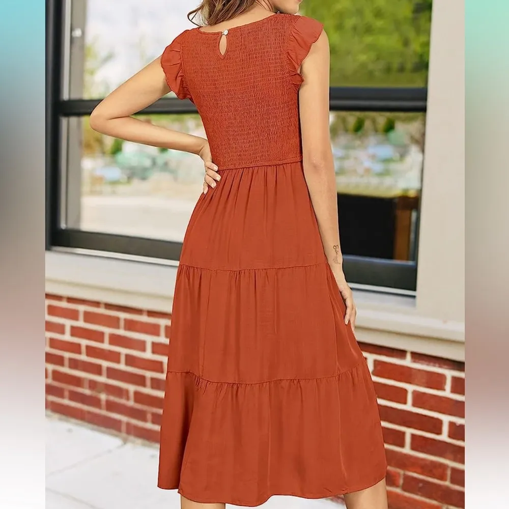 Zattcas Womens Tiered Dress Round Neck Ruffle Cap Sleeve Smocked Midi Dress - Image 3