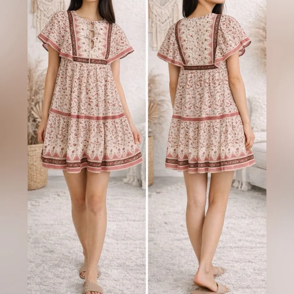 Sea New York Ivette Short Sleeve Tunic Mini Dress in Brown Multi Tan - Image 8