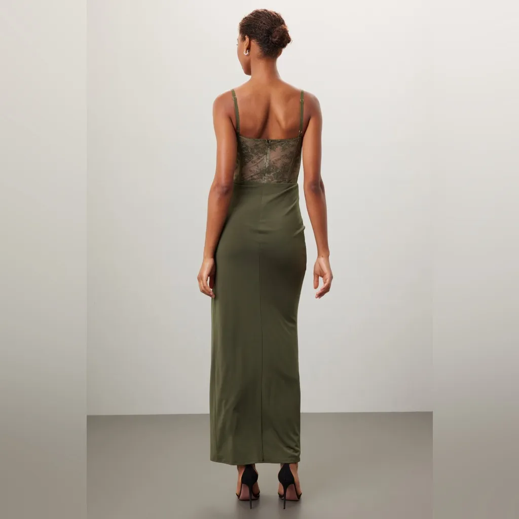 KATIE MAY x‎ Revolve Willow Olive Green Lace Bustier slit Maxi gown Dress size M - Image 3