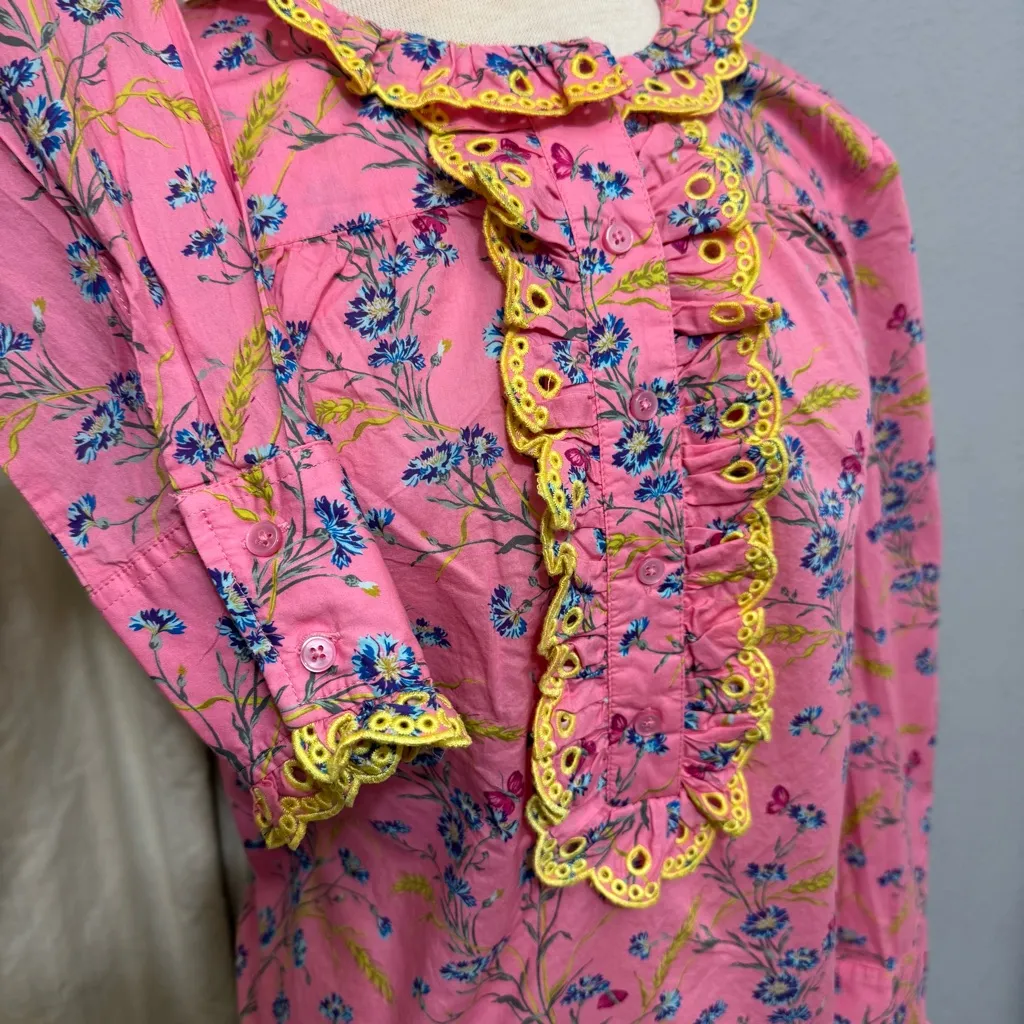 J. Crew Women Pink Floral Liberty Fabric Peasant Blouse Sz S Embroidered Details - Image 7