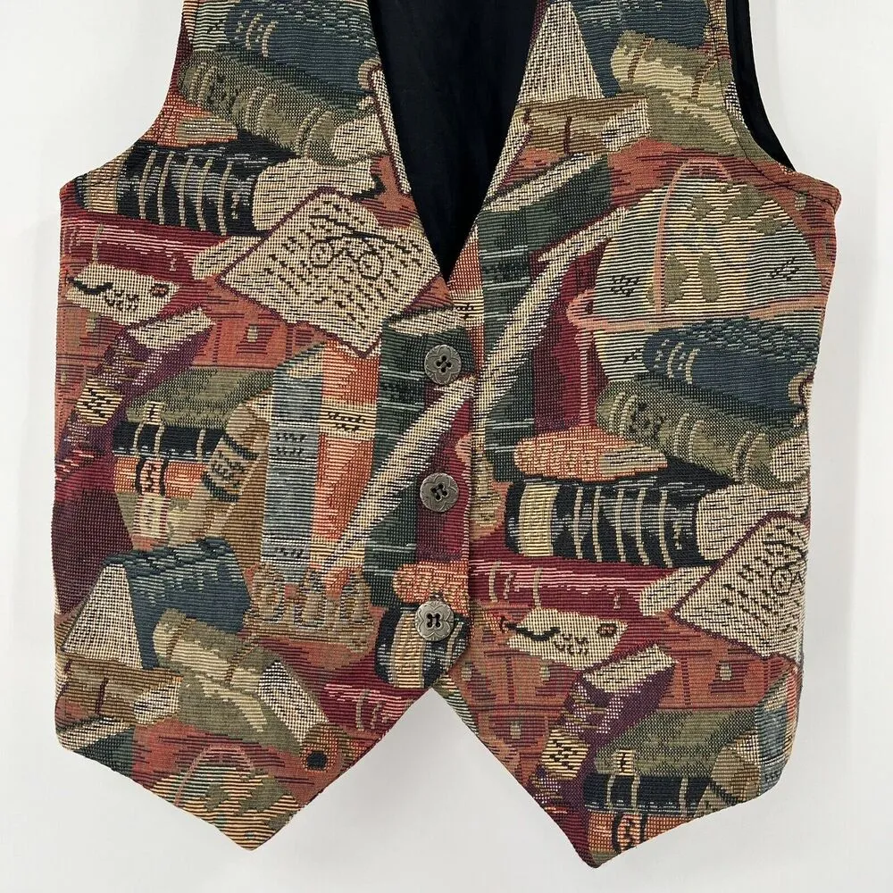 FRITZI S Vest Tapestry VTG Y2K Books Library Teacher Librarian Professor Preppy Multiple - Image 4