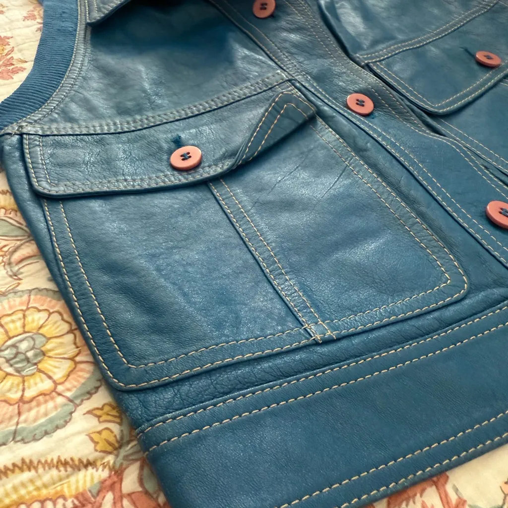 Italian Vintage | LA MATTA Teal Blue Blush Button Knit Armscyes Leather Vest - Image 10