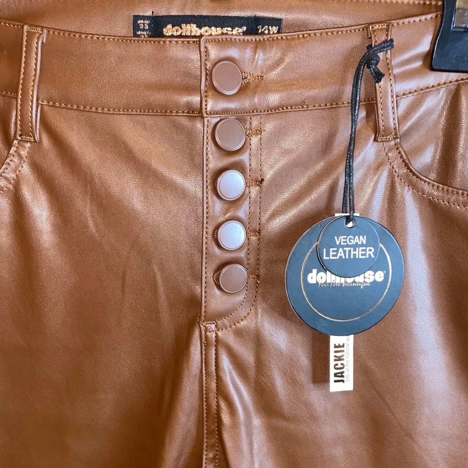 NWT Dollhouse Brown Vegan Leather Button Front High Rise Flare Pants - Image 2