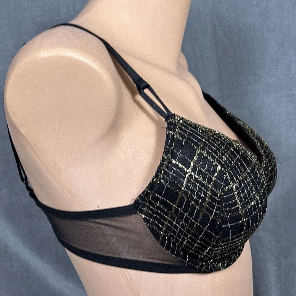 Victoria's Secret Lined Demi Bra Size 34D Black Gold Shiny Lace Underwire 858629 - Image 4