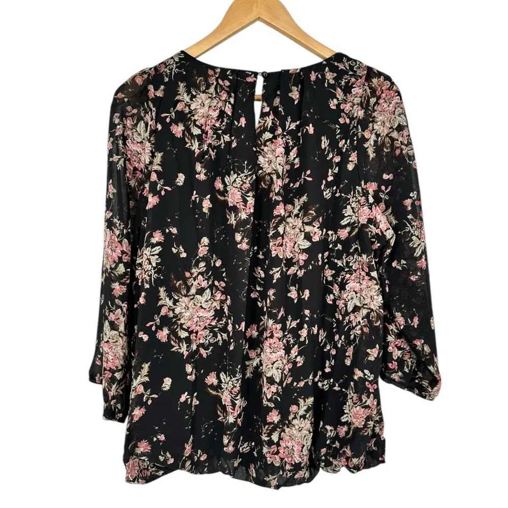 Zenobia Black Floral Blouse size 2X NWT Elbow Sleeve Elastic Hem Pleat Neck - Image 6