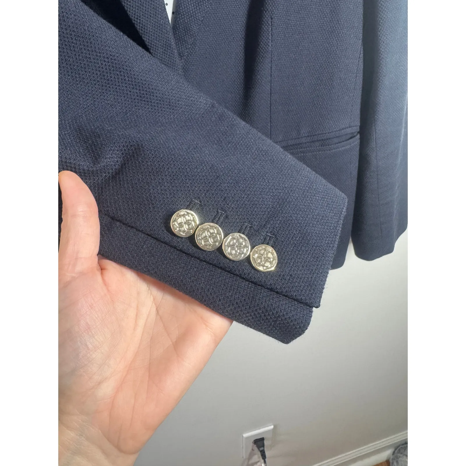 Ann Taylor Blazer Women 8 Blue Gold Cotton Blend Long Sleeve Preppy Old Money - Image 4