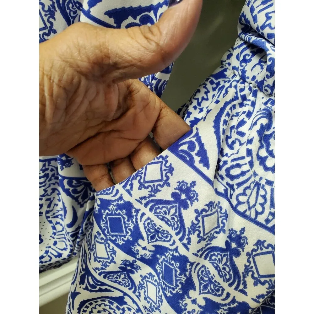 Boutique Freeway Women's Blue & White Polyester Long Sleeve Round Neck Romper M - Image 5