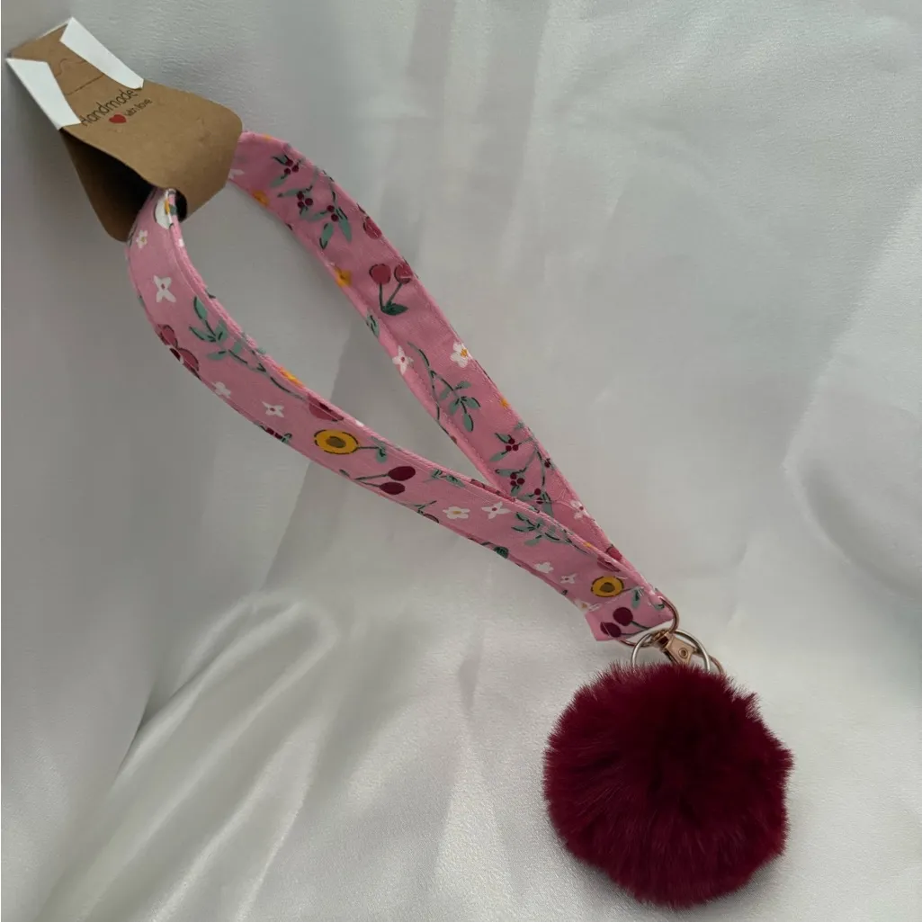 Handmade Floral Cherry Print Wristlet Keychain with Dark Red Pompom - Image 3