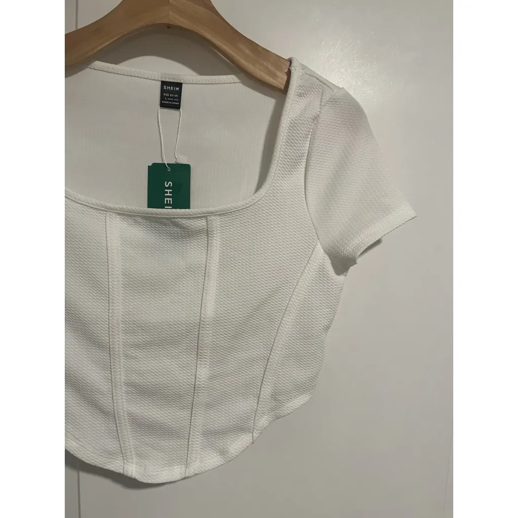 Shein Round Neck Cap Sleeve Blouse Womens Size L White Ribbed Short Sleeve Top - Image 3