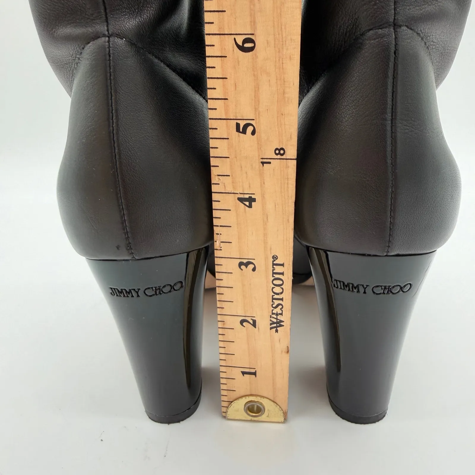 Jimmy Choo Black Soft Leather Sophisticated Pull On Mid Calf Heel Boots 38.5 - Image 5