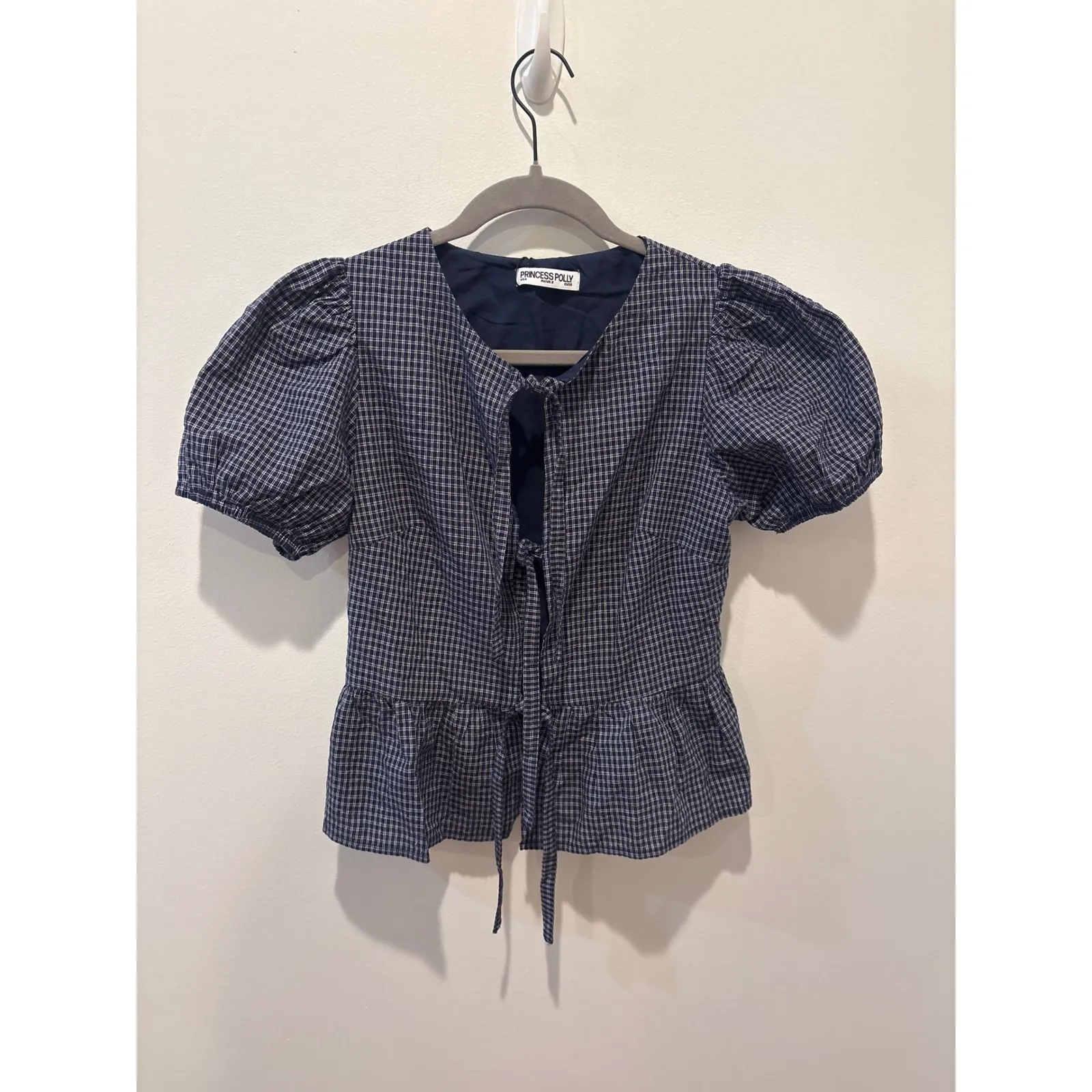 NWT Princess Polly Verah Tie Up Puff Sleeve Navy Check Peplum Top US 4 - Image 2