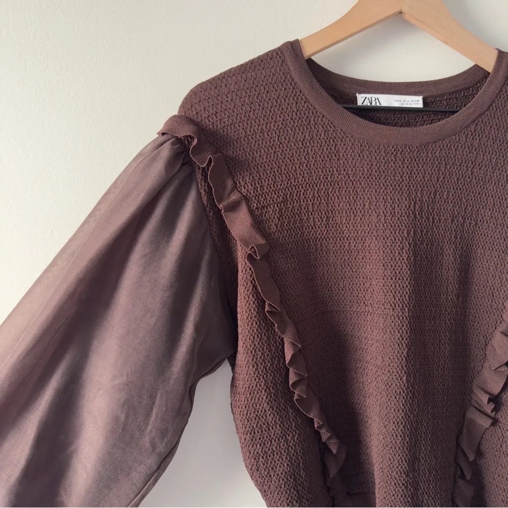 Zara Brown Ruffle Blouse Knit Puff Sheer Long Sleeves Crew Neck Sweater Top EUC - Image 7