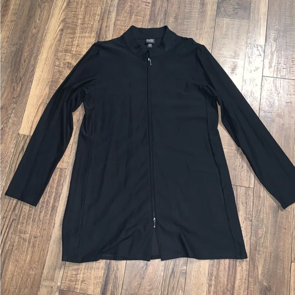 EILEEN FISHER Black fall casual Crepe Knit Two-Way Zipper Longline Jacket $280 M - Image 3