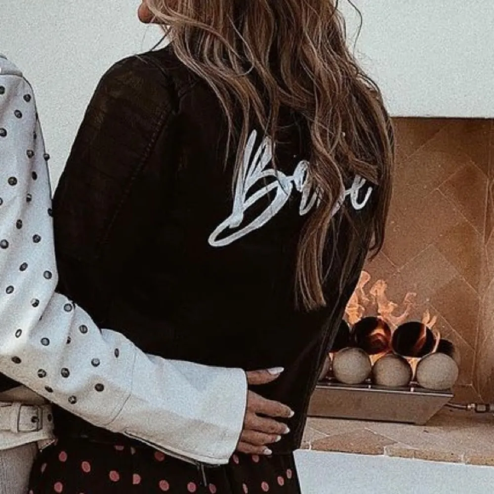 NOISY MAY Black Faux Leather Biker Moto Jacket Customized Babe on Back Small S - Image 3