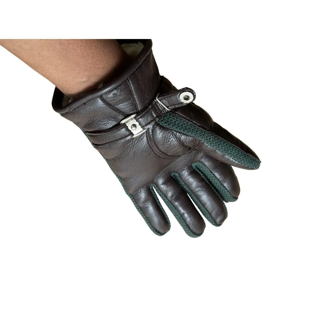 Brown Faux Leather Green Knit Accent Gloves Adjustable Strap FAux Fur Lined S/M - Image 4