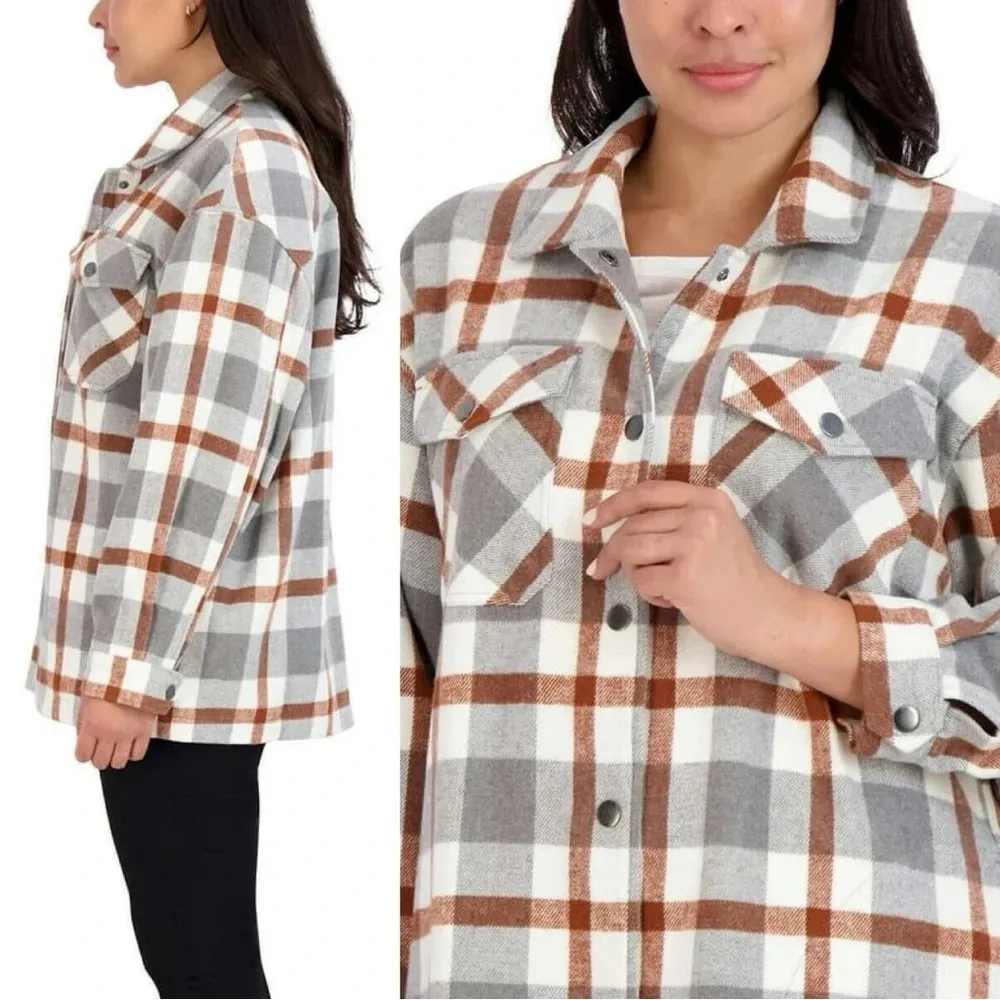 HFX Wool Blend Flannel Plaid Shacket Jacket Western Relaxed Fit Gray/Brown L Gray Size L - Image 3