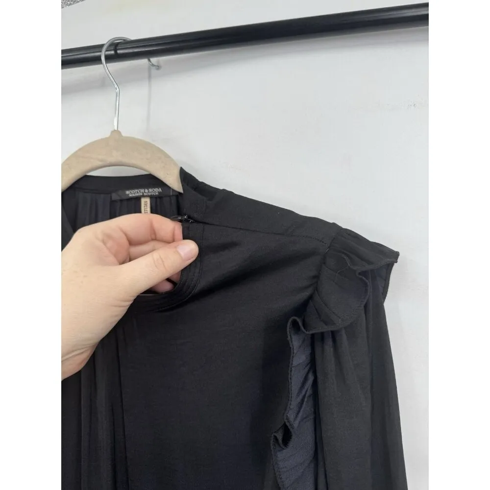 Scotch And Soda Mini Dress Women XS Black Ruffle Smocked Feminine Dark Romance - Image 6