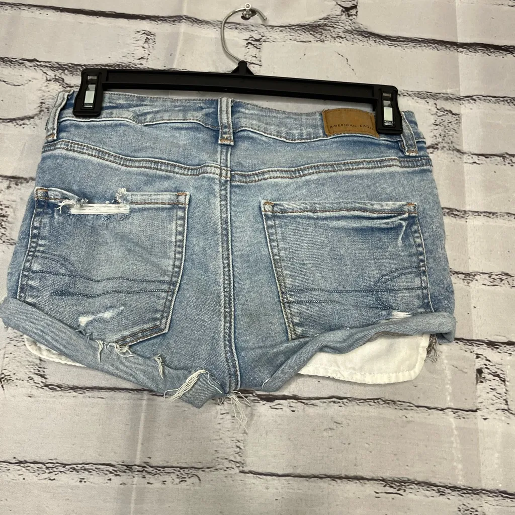 American Eagle Blue Jean Shorts Distressed Frayed Hem SZ 2 Biker High Waist Y2K - Image 9