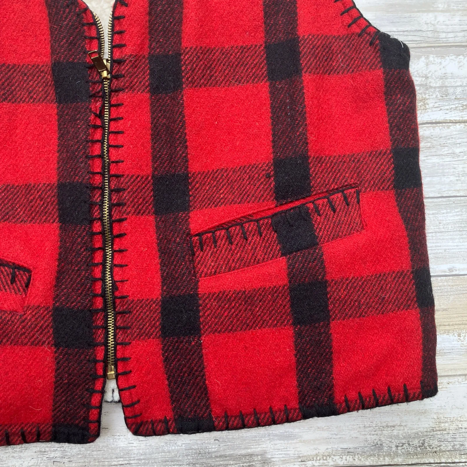 Authentic Joujou Vest Sz M Red Wool Plaid Shearling Zip Up Lined Grandpacore - Image 4