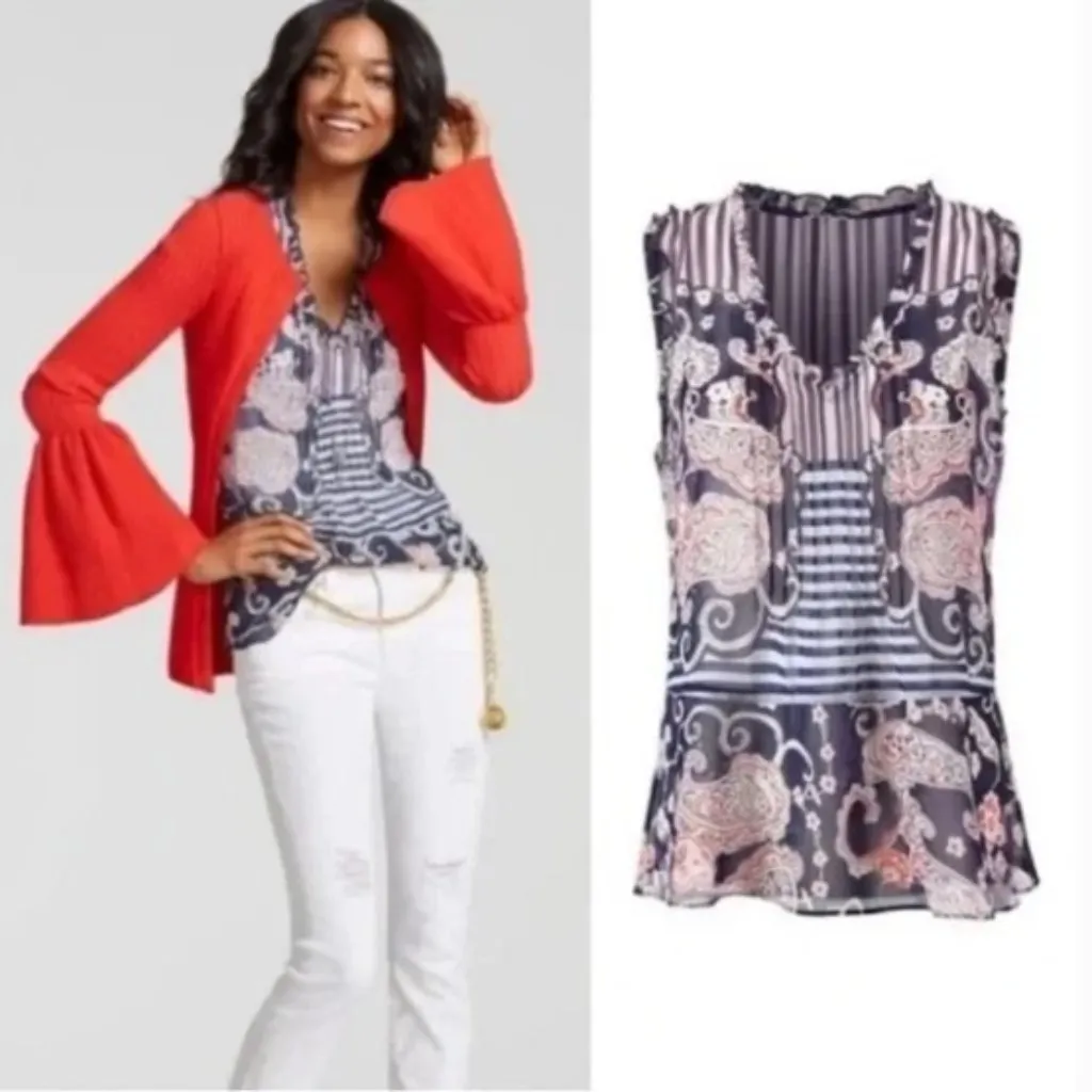 CAbi Floral Paisley Tank Top Blouse Size XS Patriotic Red White Blue Sheer 5349 - Image 2
