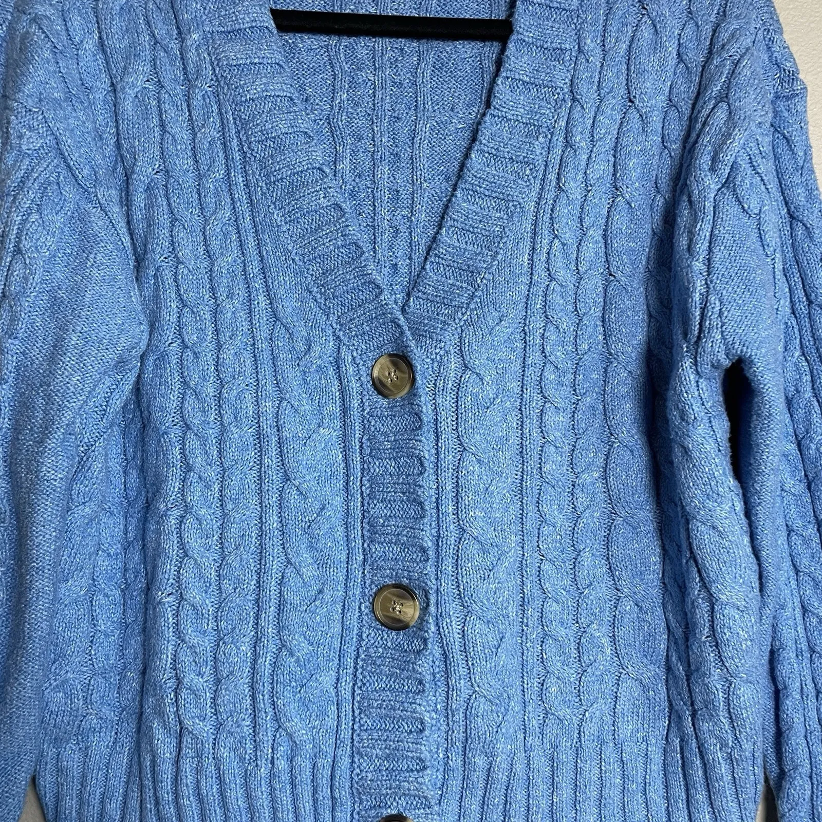 American Eagle Size Large Cable Knit Cropped Cardigan Sweater Women Blue Preppy - Image 4