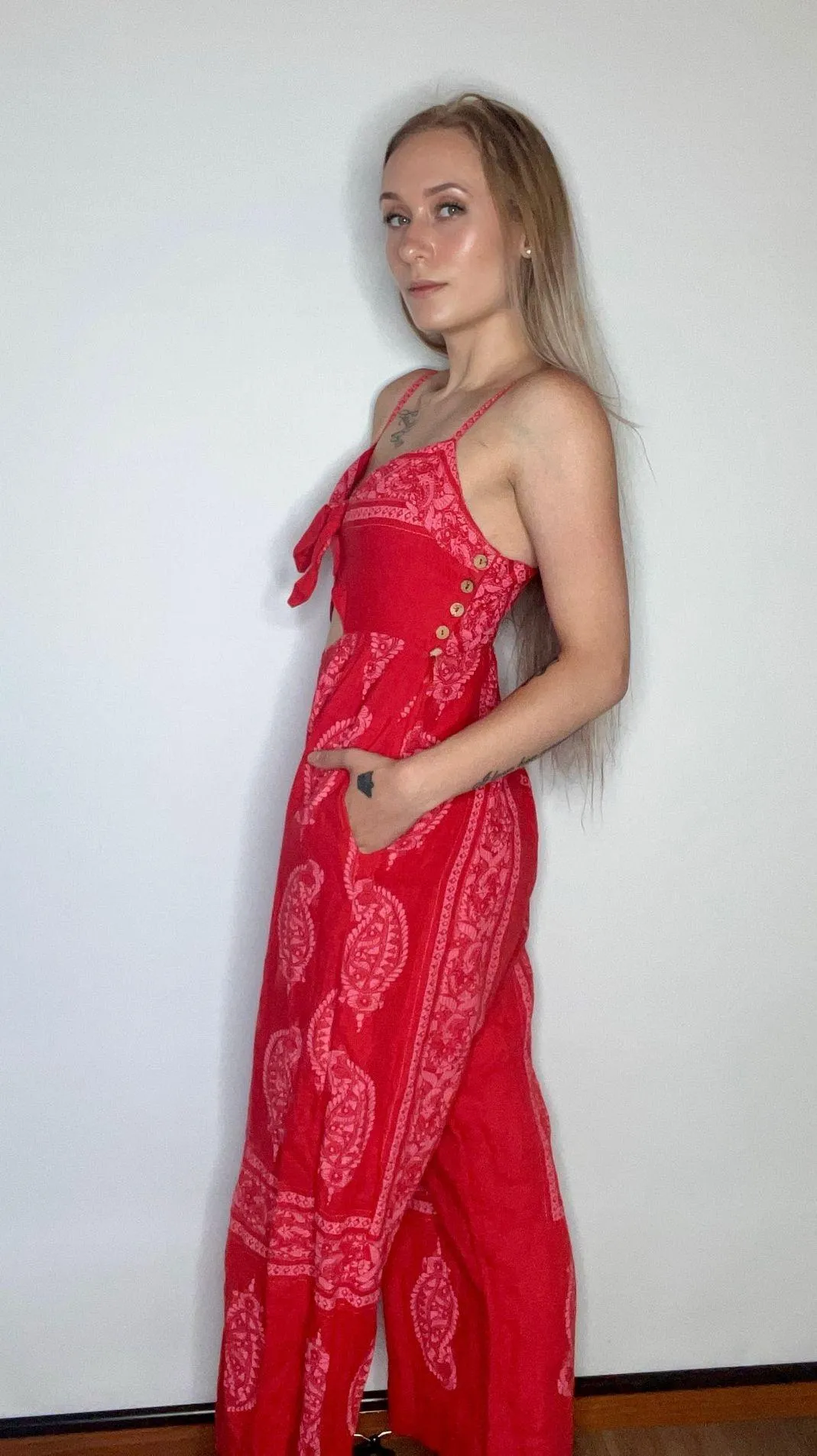 Free People Red Paisley Jumpsuit - Image 4