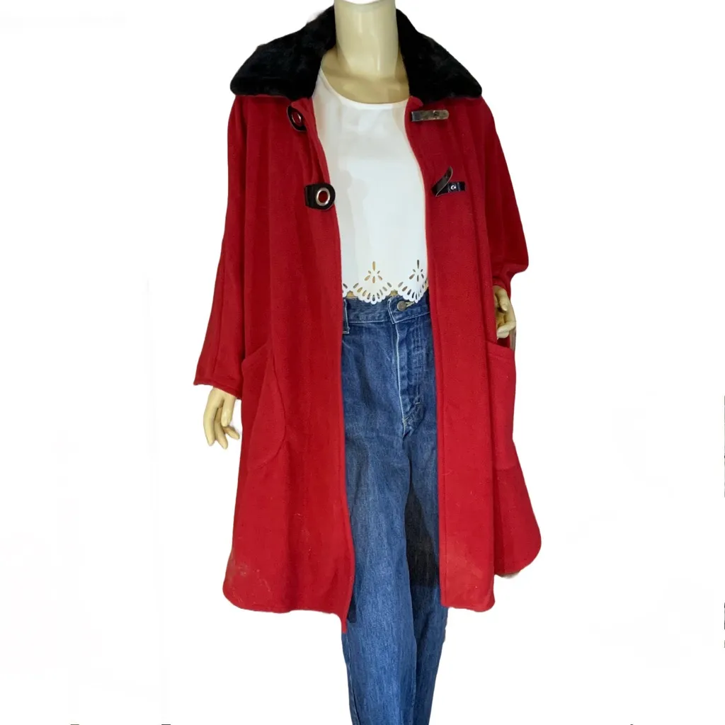 LE MODA RED FLEECE W/BLACK FAUX FUR COLLAR PONCHO (OSFM) Black Size undefined - Image 4