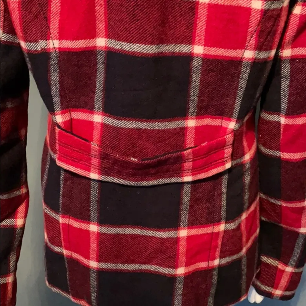 American Eagle Red & Navy Plaid Wool Pea Coat Medium - Image 7