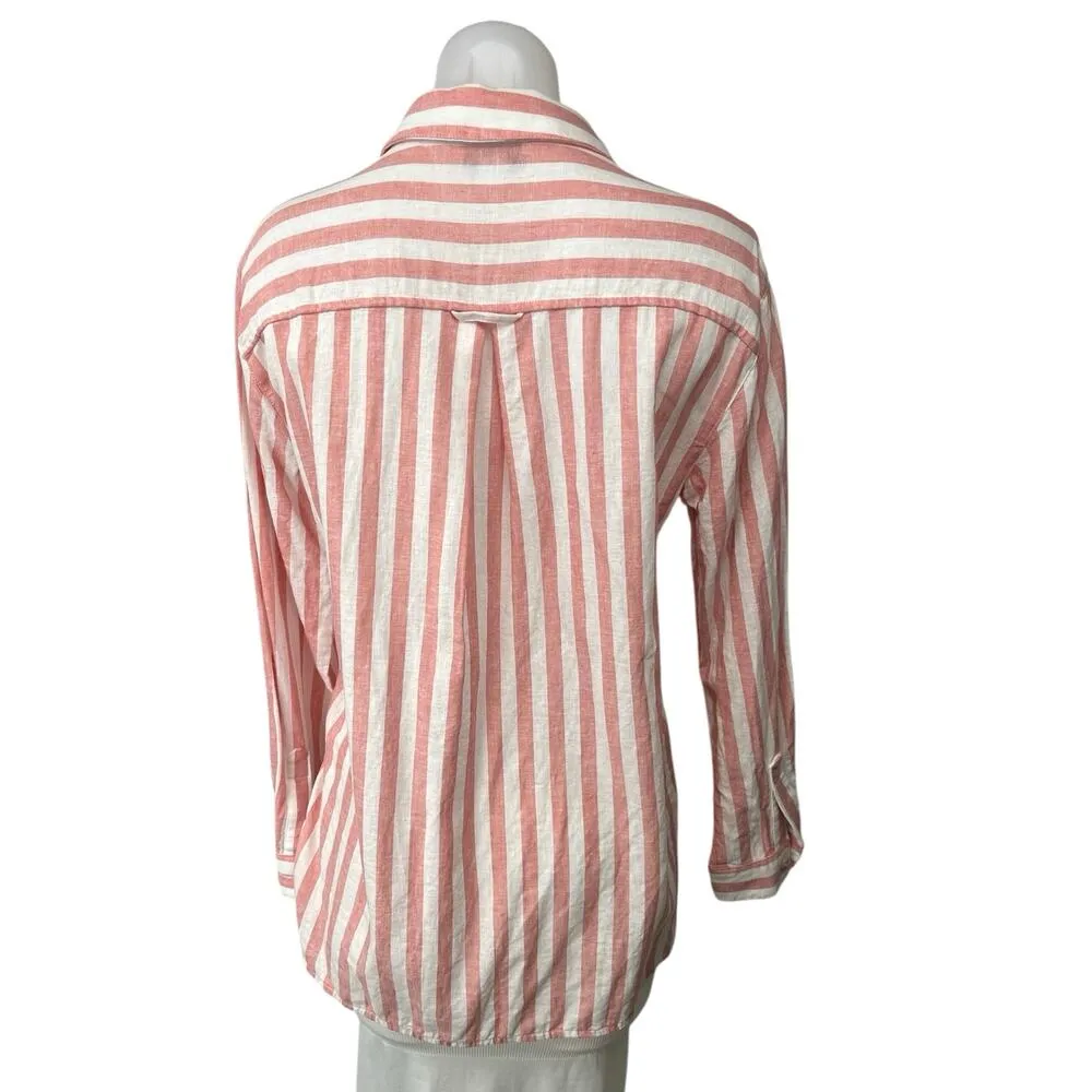 Old Navy Red White Linen Striped Button Up Collar Long Sleeve Shirt Blouse Top S - Image 2