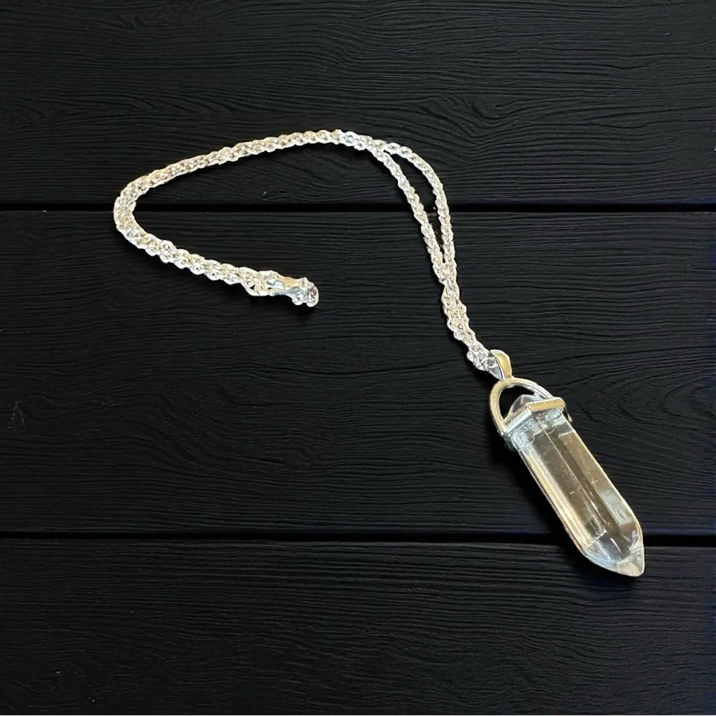 Clear Glass Crystal Point Necklace – Silver Tone Chain – Boho, Witch - Image 5