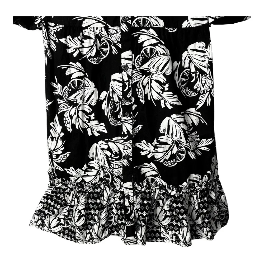 Crown & Ivy Floral Print Dress Puff Sleeve Button Front Belted Black White Large - Image 3