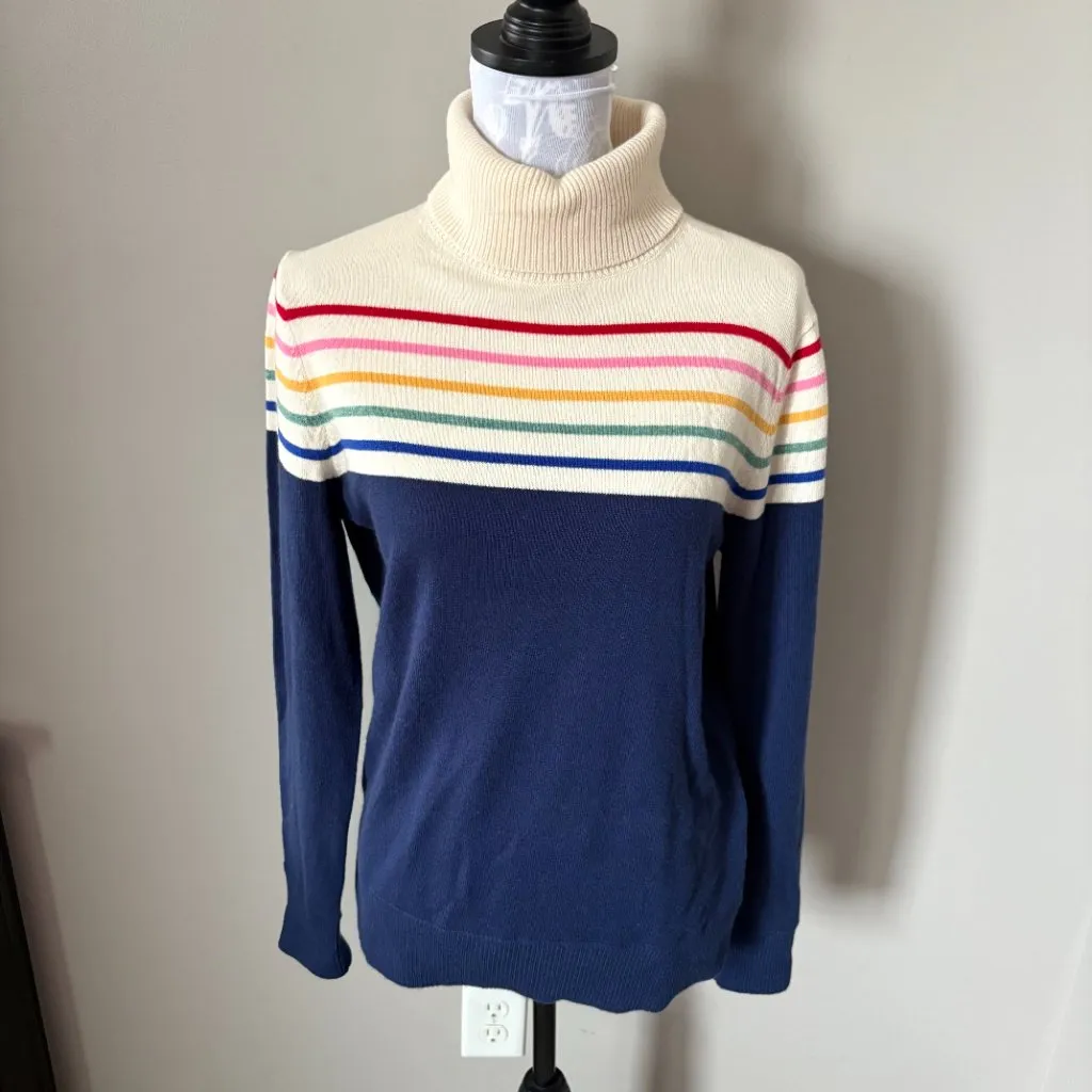 Lands End Cashmere Sweater Turtlenck Striped Blue Rainbow Medium Long Sleeve - Image 2