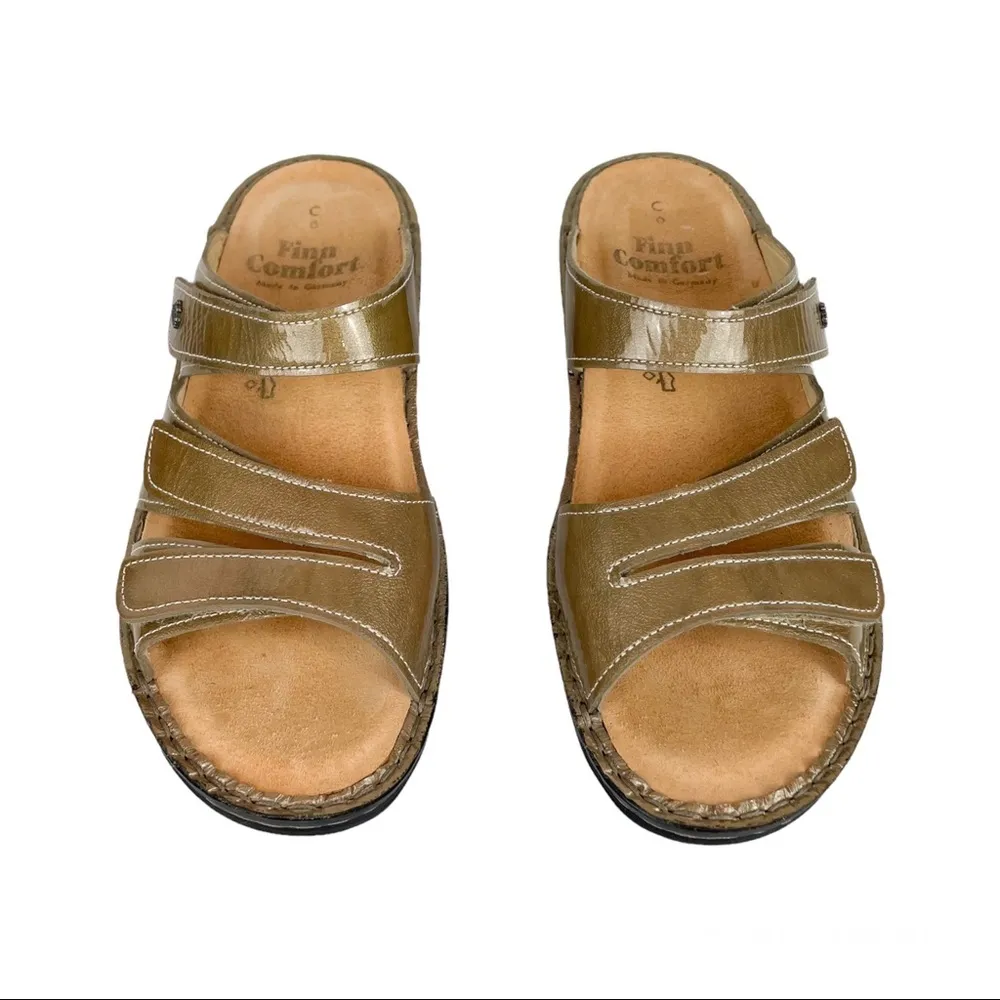 Finn Comfort Canzo Nude Patent Leather 3 Strap Comfort Wedge Sandal Sz 8.5 WIDE Tan - Image 2