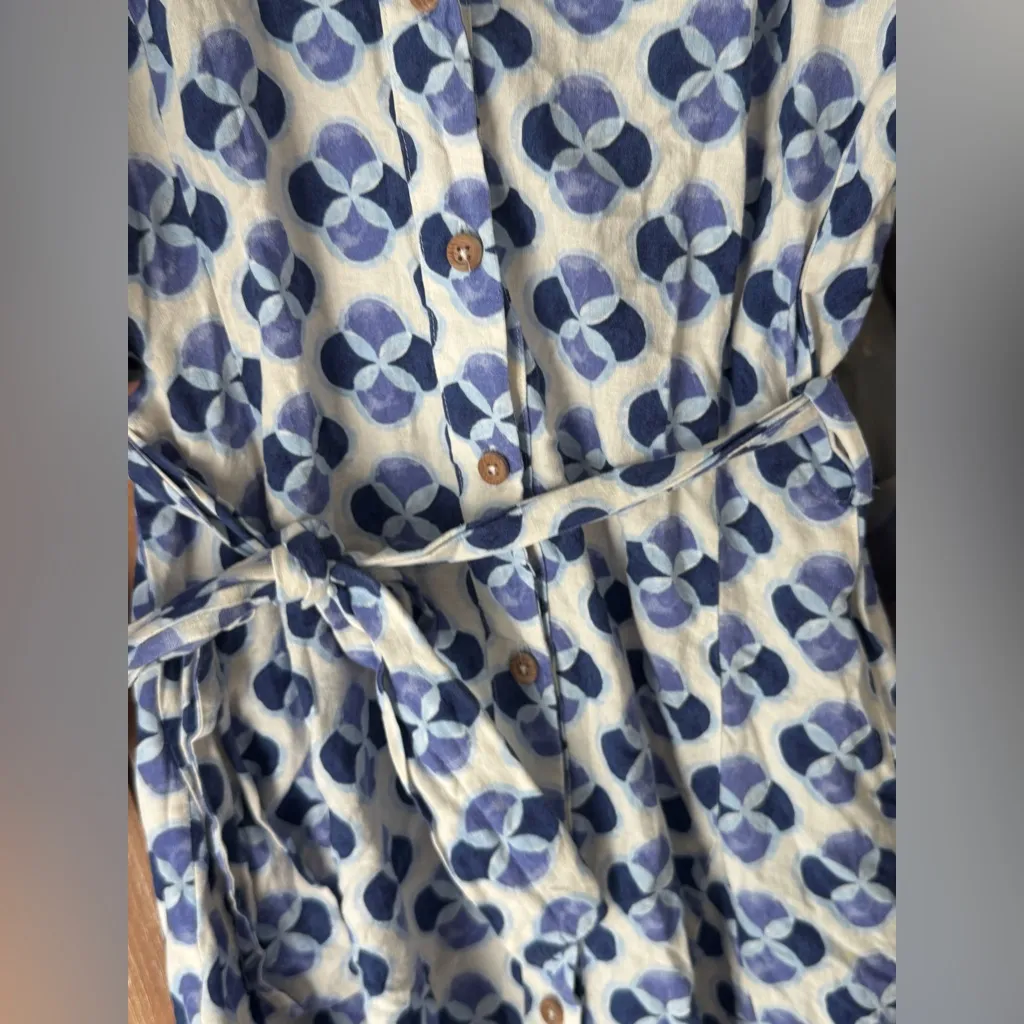 Zara linen mini dress long sleeve block print shirt tie waist flare - Image 10