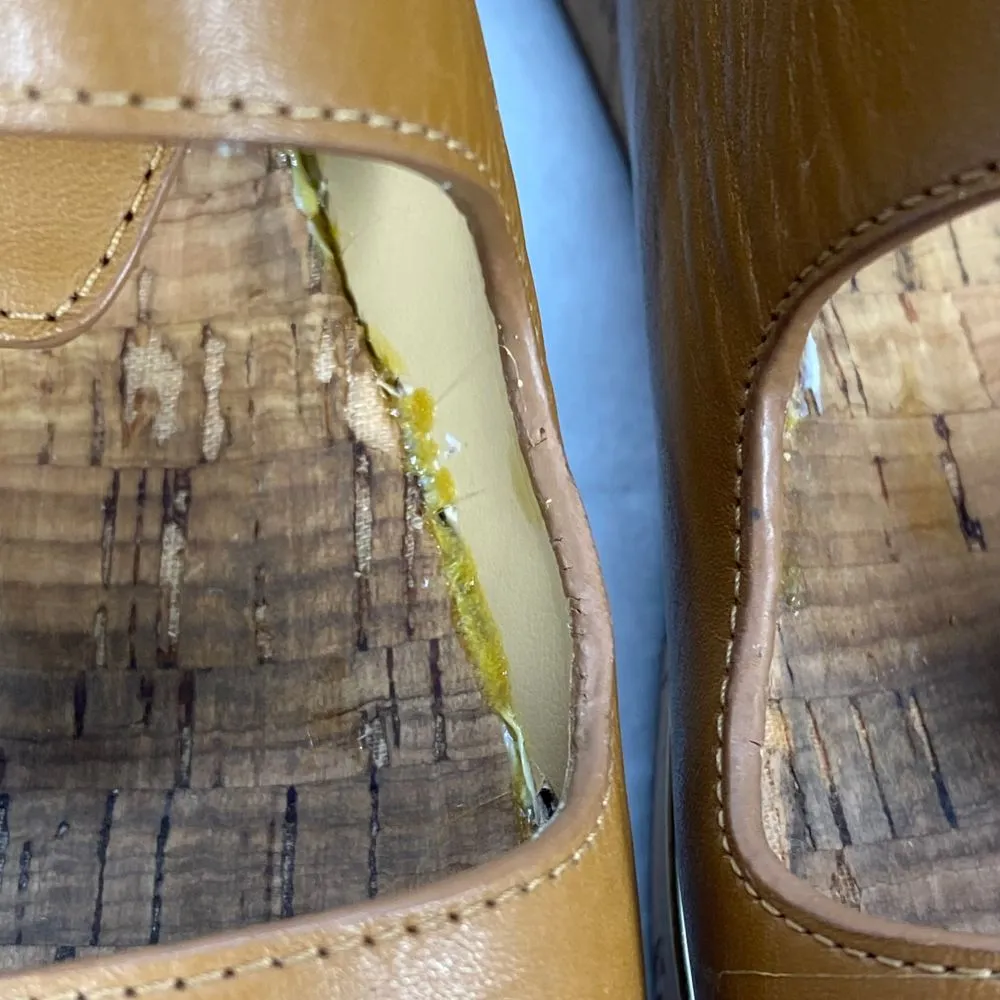 Michael Kors Tan Leather‎ Double Buckle Cork Platform Sandals Slides Sz 7-flaw - Image 4