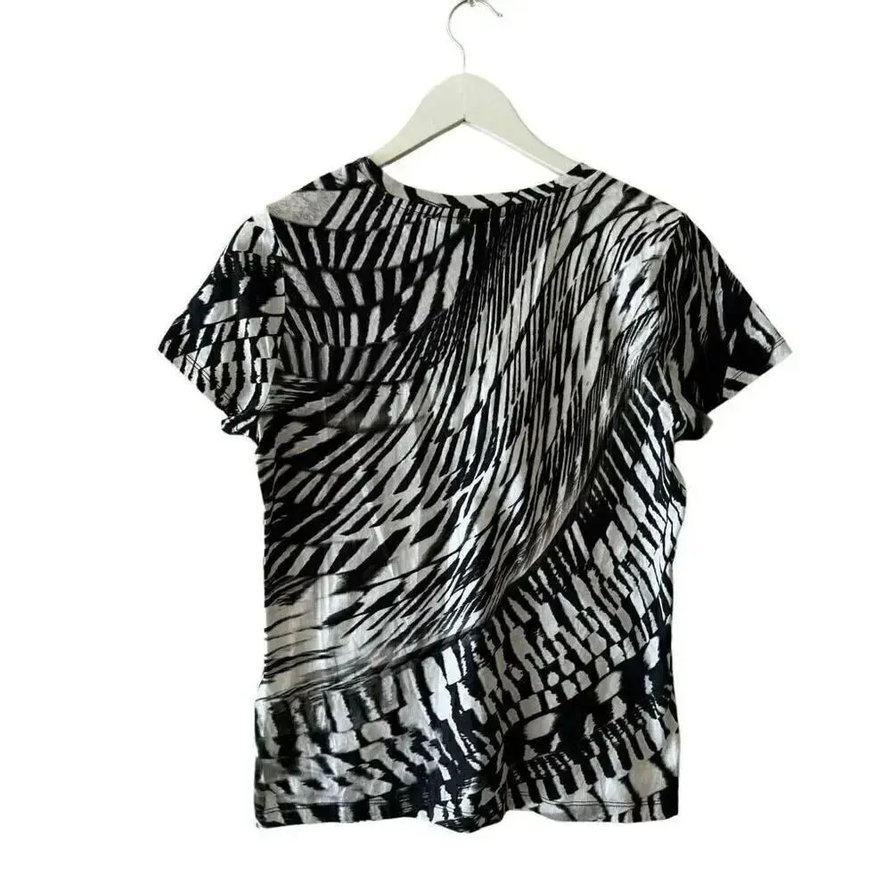 Dkny Print Knot Cutout T-Shirt in Black White Combo Soft Short Sleeves SZ M #189 - Image 6