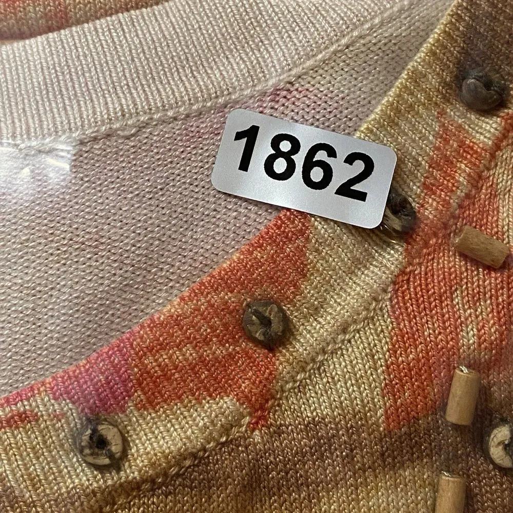 Chicos 2-Piece tank/cardigan L/XL Silk Blend‎ orange/pink abstract wood bead - Image 11