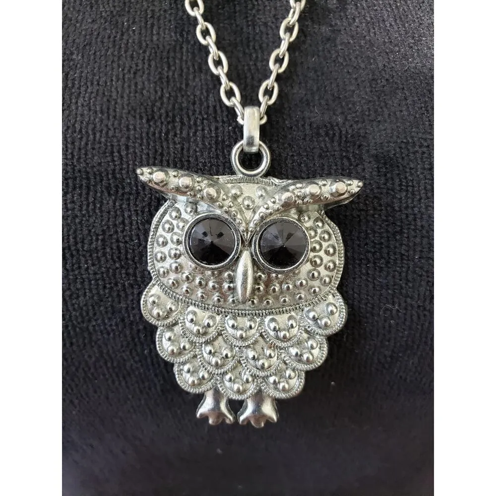 Womens Silver Owl Pendant Black Rhinestone Owl & Animal Lover Gift Necklace - Image 3